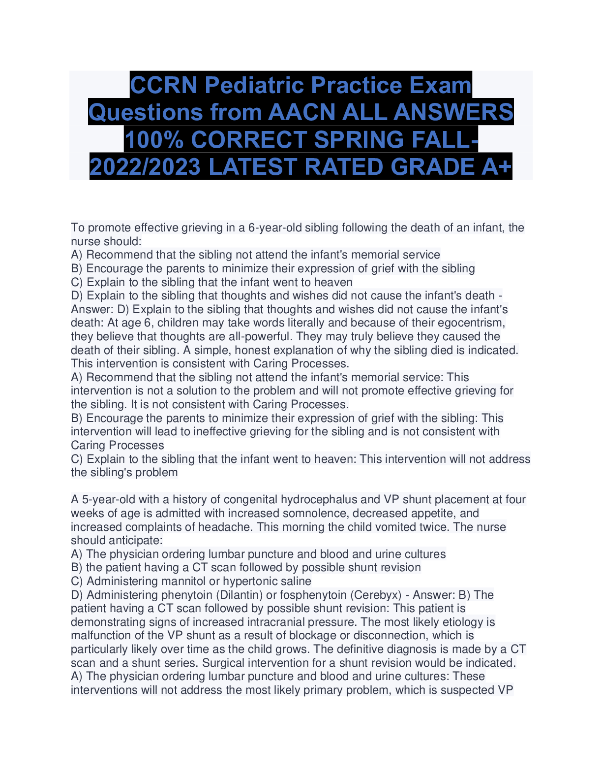 CCRN Pediatric Practice Exam Questions from AACN ALL ANSWERS 100